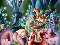 Obca planeta. Cztery fantastyczne zwierzęta i dwoje kosmitów na tle lasu z kolorowych grzybów.