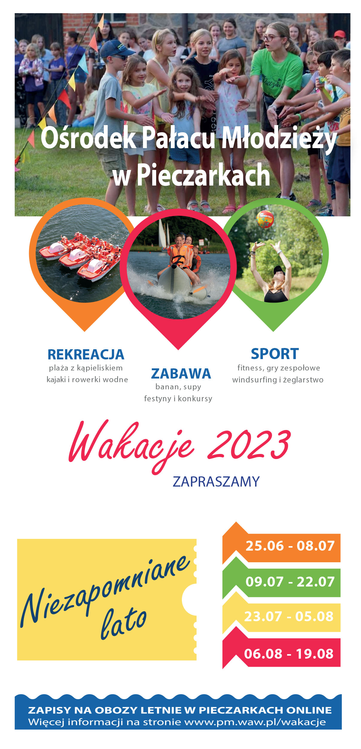 plakat przedstawia zdjęcie dzieci na terenie obozu w Pieczarkach oraz ogólne informacje o obozachinie