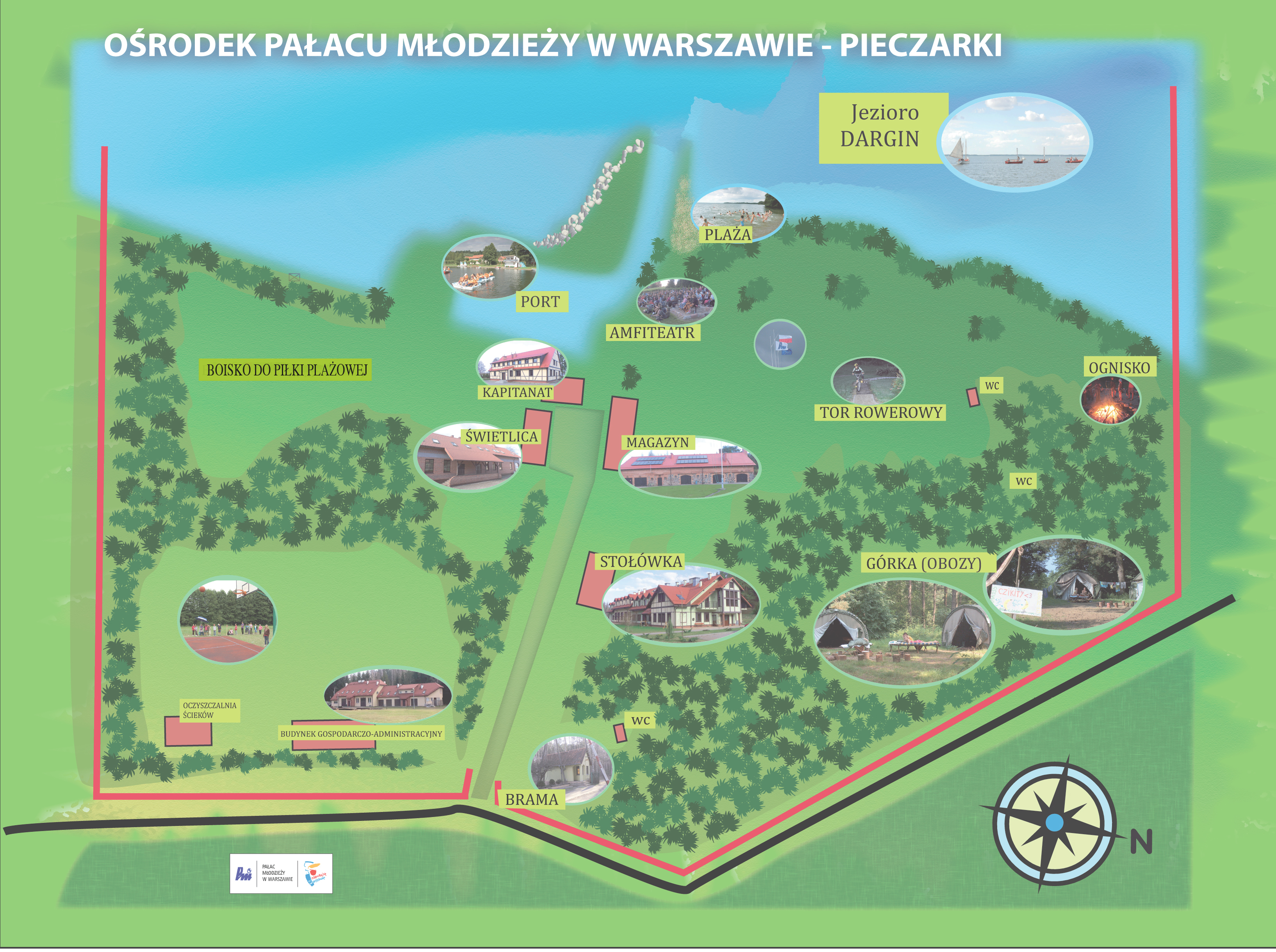 mapa terenu obozowiska Pieczarki. Rozmieszczenie budynków, namiotów.