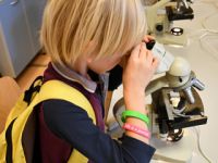 Dzieci oglądające preparaty pod mikroskopem
